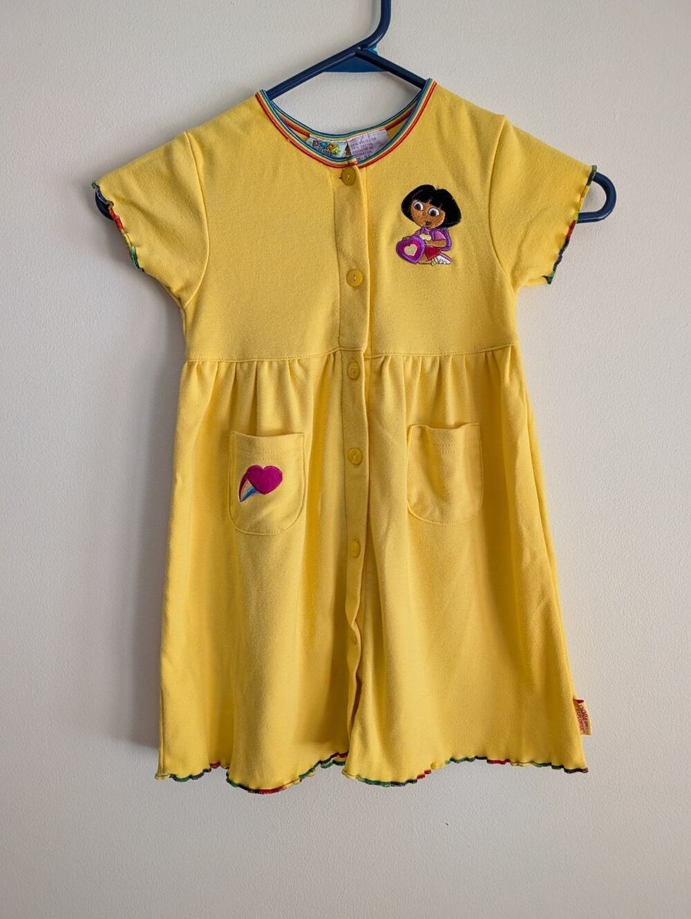 Vintage Y2K Dora The Explorer Yellow Playdress Rainbow Accent Hem Hearts 4T